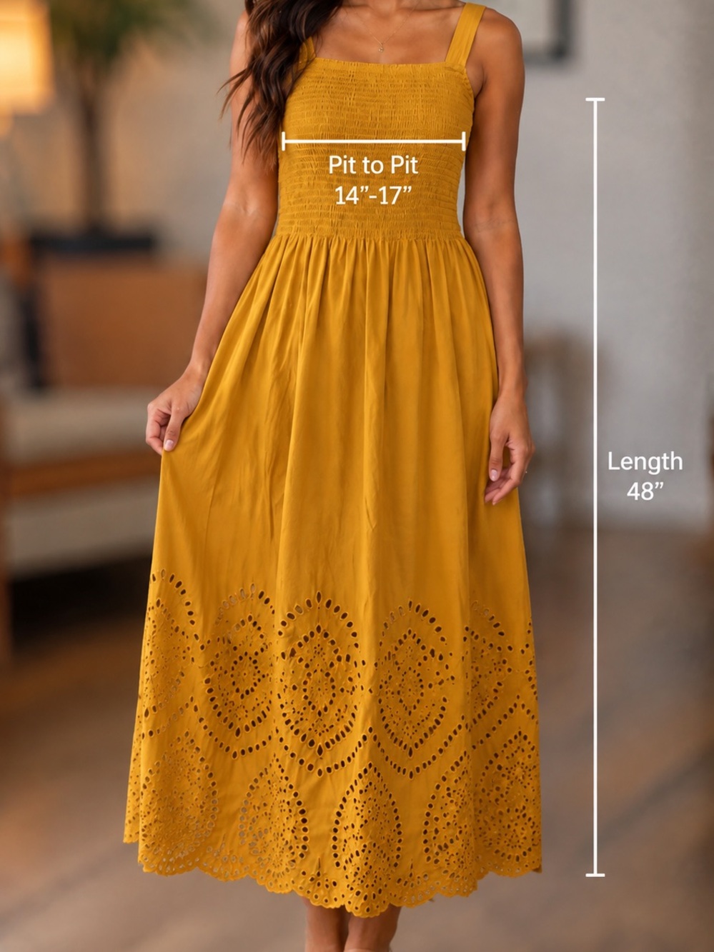 Maurices Mustard Yellow Smocked Maxi Dress with Eyelet Detail - Picture 2 of 4